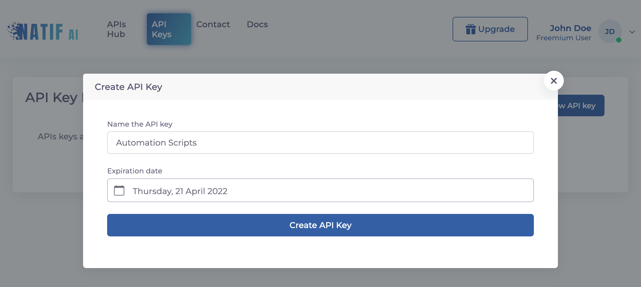 Image Screenshot of the API key creation form