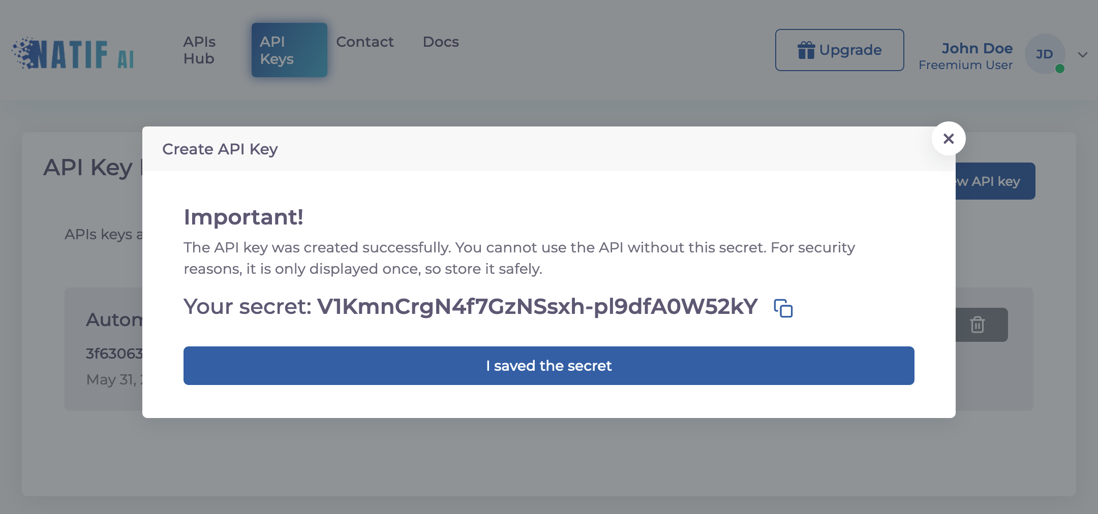 Image Screenshot of the API key secret popover