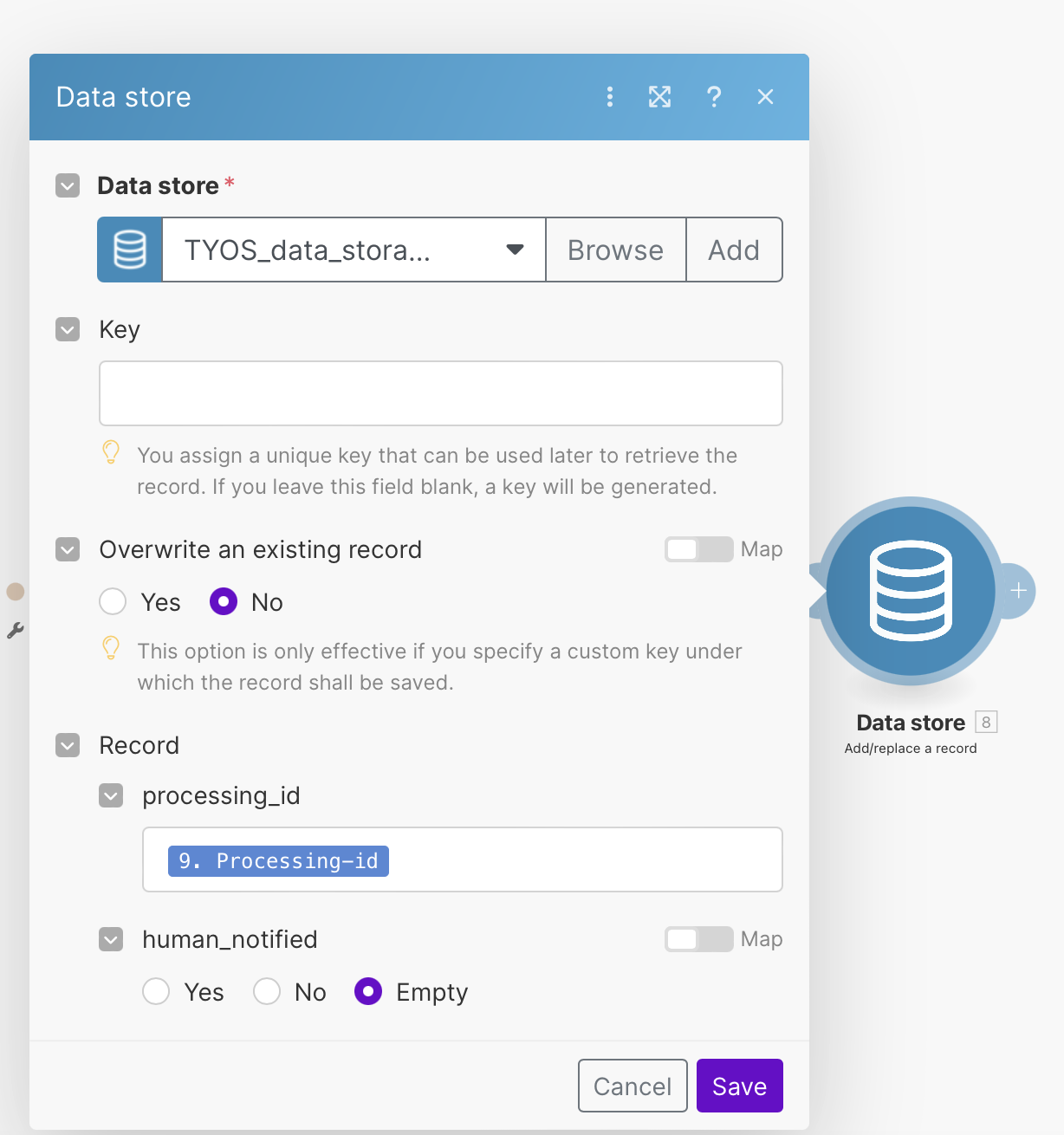 data store processing-id storage configuration